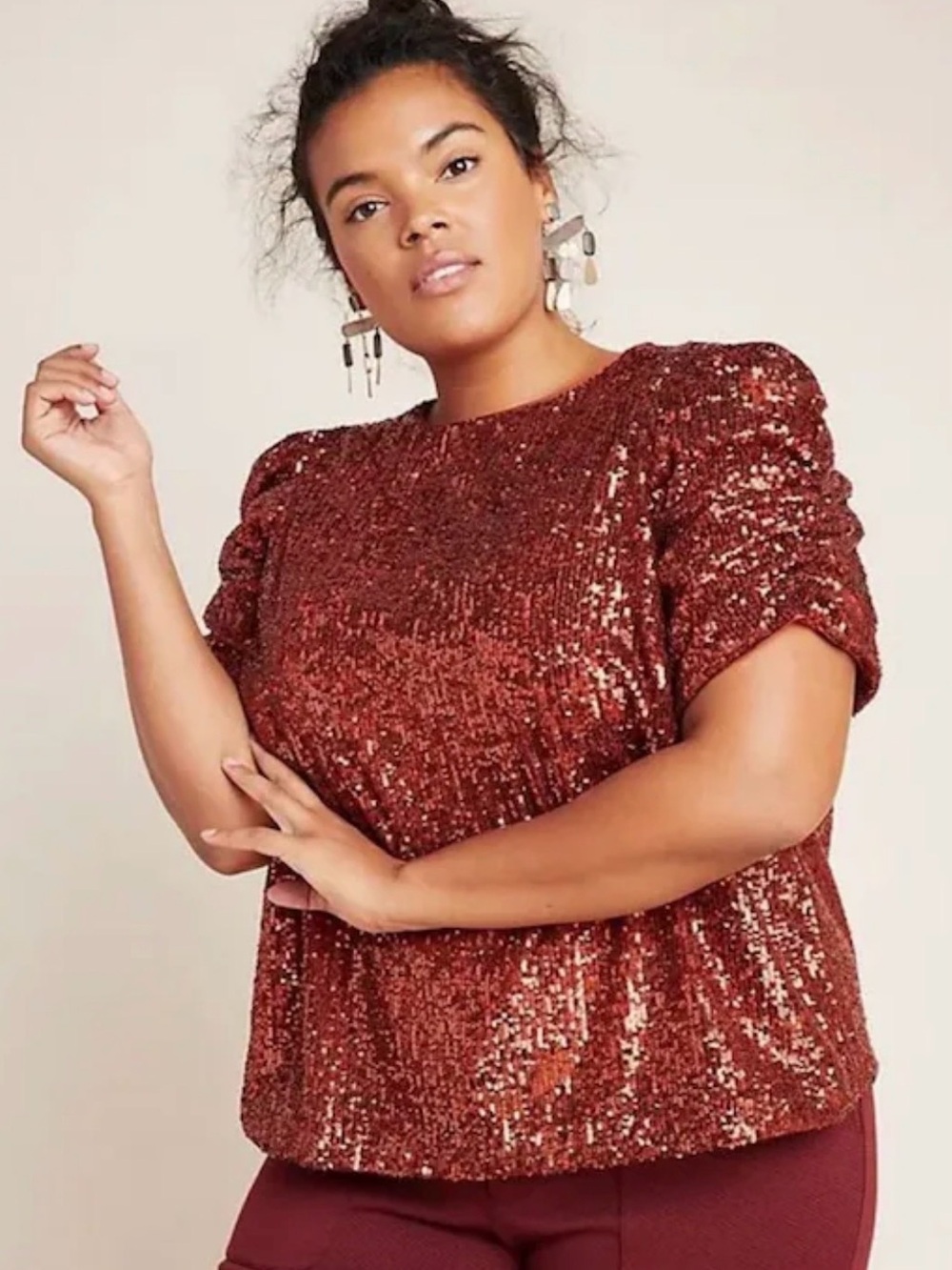 Anthropologie red Sequin Short Sleeve Top